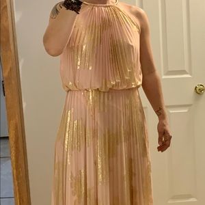 Floor length pink with gold overlay dress